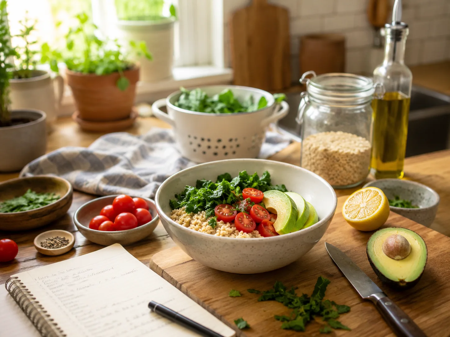 A sunlit kitchen counter with a simple meal bowl, pantry staples, produce, and a grocery list.